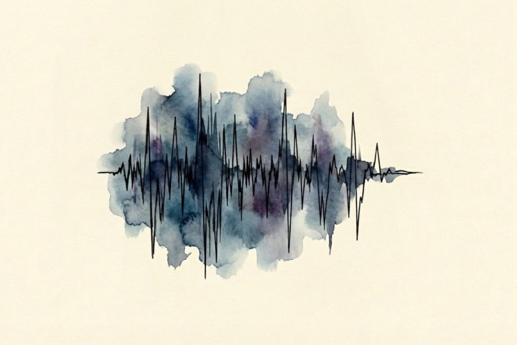 君が代が暗い・怖いと感じられる理由を視覚化した、重厚で不安定な音の波形のイラスト