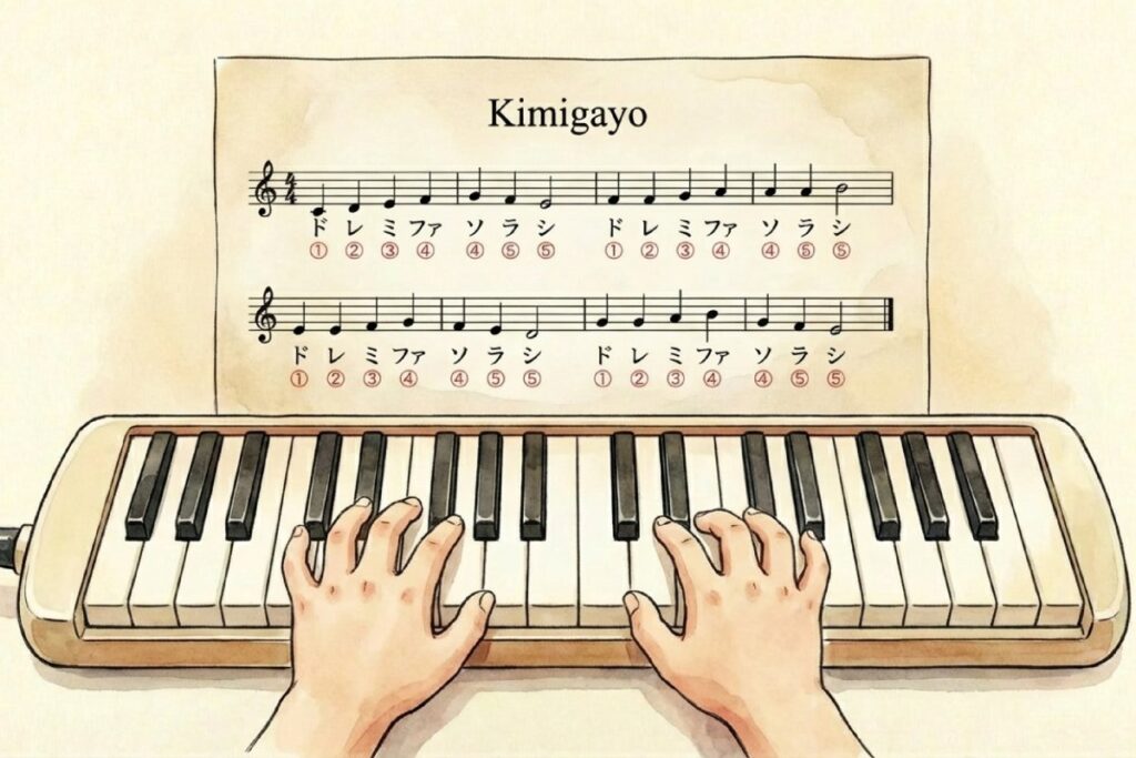 ドレミのカナ表記と指番号が記載された君が代の初心者向けピアノ楽譜