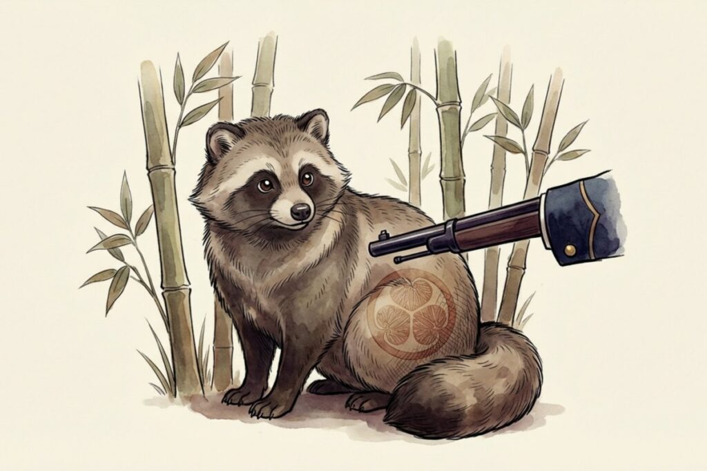 戊辰戦争の暗号説において新政府軍の鉄砲で狙われる徳川家康（タヌキ）のイラスト