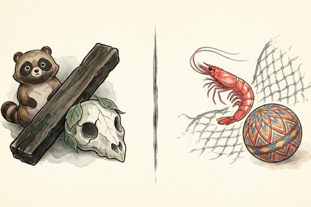 あんたがたどこさの歌詞に隠された怖い意味や都市伝説を象徴するタヌキと頭蓋骨のイメージ