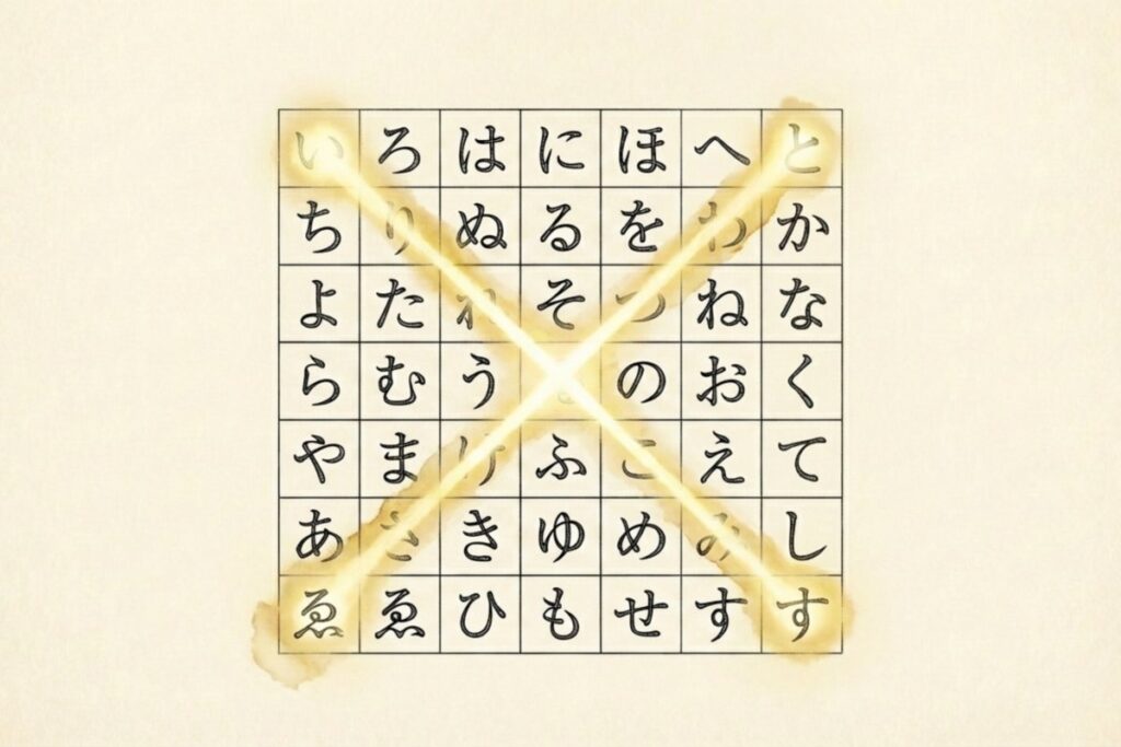 いろは歌47文字を7文字区切りで改行し、行末を縦読みして「とがなくてしす」の暗号が現れる仕組みを図解した表
