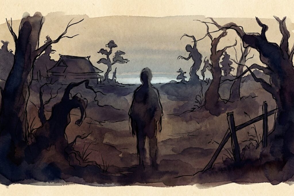 夕暮れ時の逢魔が時に現れる影と不安な心理を表したイラスト