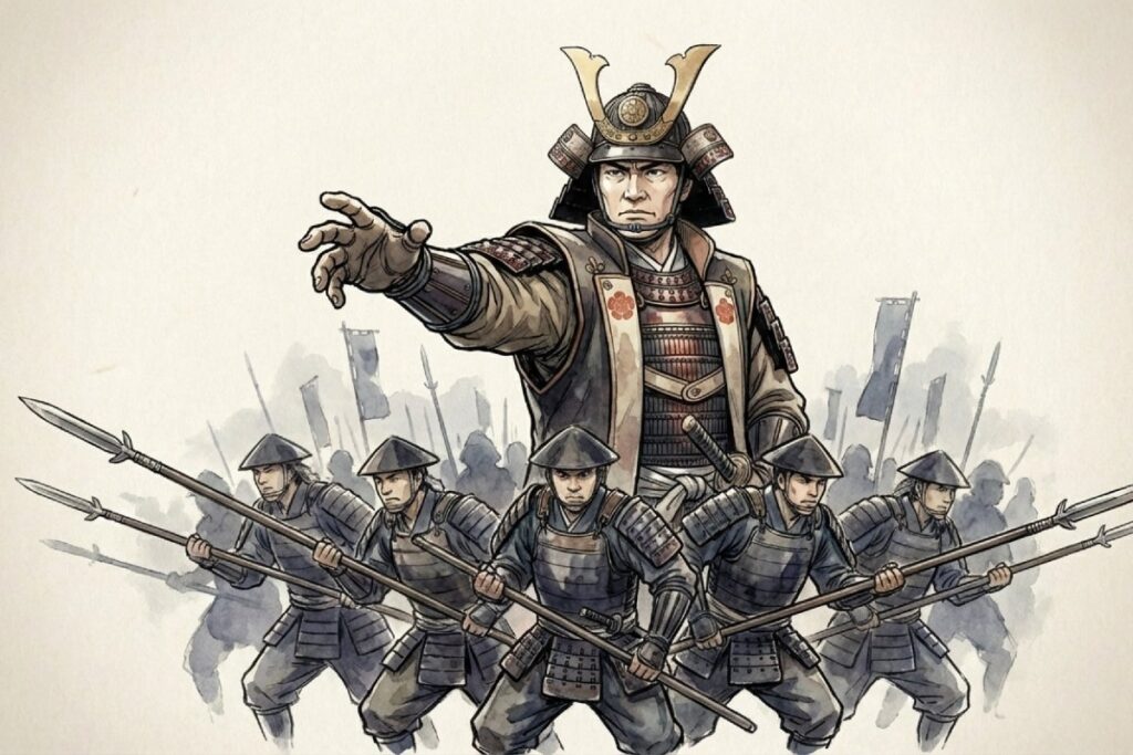 前に手を伸ばす武将と、槍を構えて横一列に並ぶ兵が同じ方向を向き、背後に旗が霞んで見える。漢字表記の説「曳々応」で語られる呼びかけと呼応を、指揮と隊列の動きで表現する場面。