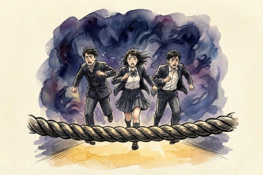 アニメ「新世界より」で下校のチャイムから逃げる子供たちの描写