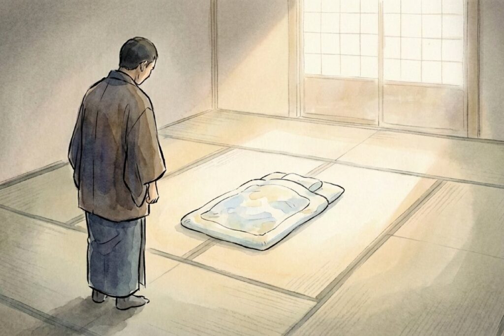 長女みどりを失った悲しみで布団を見つめる野口雨情の実話イメージ