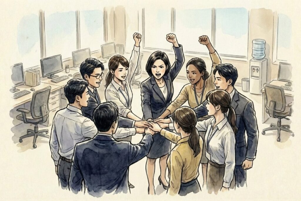 オフィスの机とモニターの前で人が輪になって手を重ね、数人が拳を上げて声を合わせる。英語や現代社会でのえいえいおーの意味を、ビジネスの結束や鼓舞の場面として伝える構図。