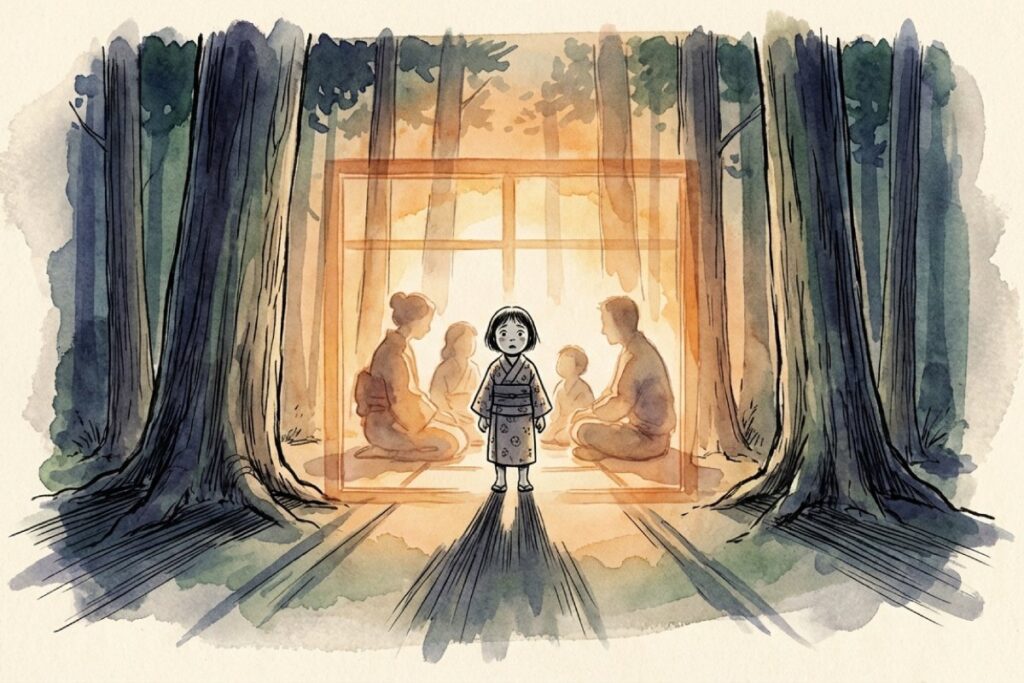 暖かい家の中で円居（団欒）をする家族と暗い森の対比イメージ