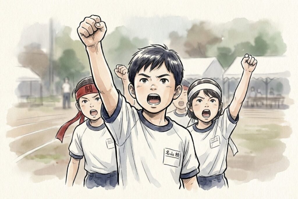 体操服の子どもたちがトラック脇で拳を突き上げ、口を大きく開けて掛け声を一斉にそろえる。運動会や選挙での使い方を補いながら、集団で声を出す心理効果を連想しやすい場面。