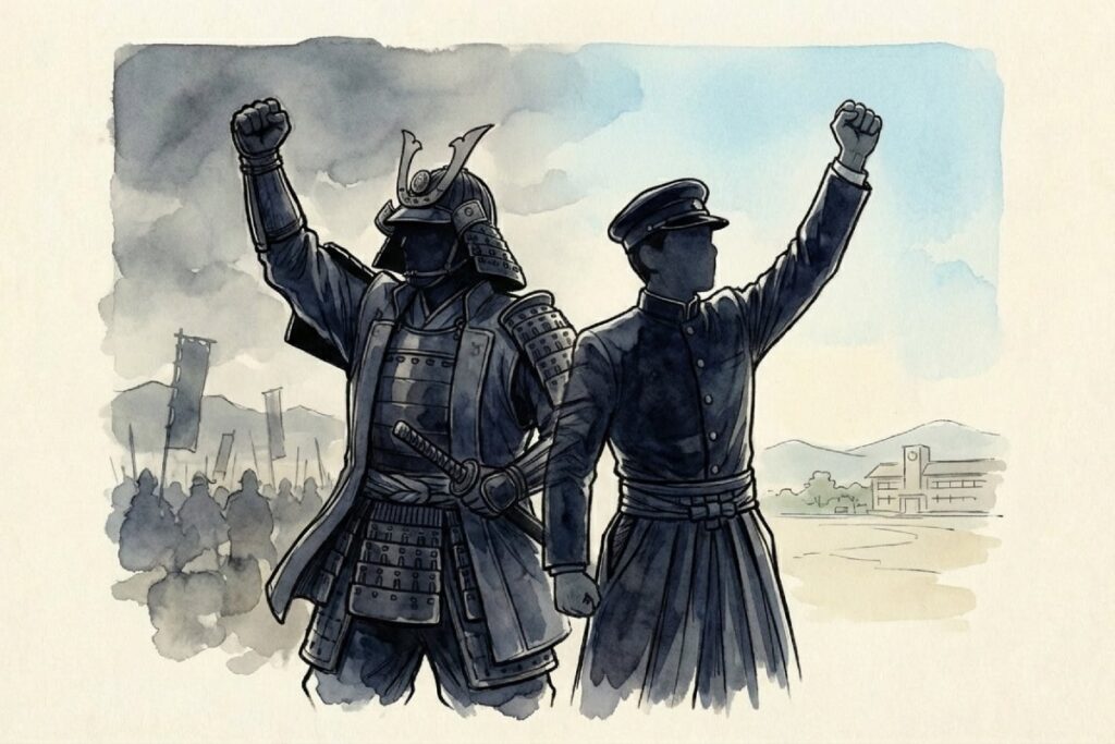 左に甲冑姿、右に学生服の人物が並んで拳を上げ、背景が戦場と校舎風景に分かれて描かれる。えいえいおーがいつから広まり、学校行事へ定着した流れを対比で読み取れる構成。