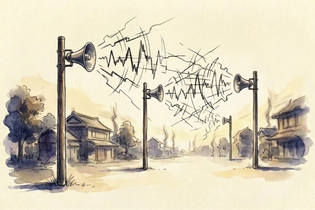 防災無線から流れる音が干渉し合い不気味に歪んで聞こえる様子のイメージ図