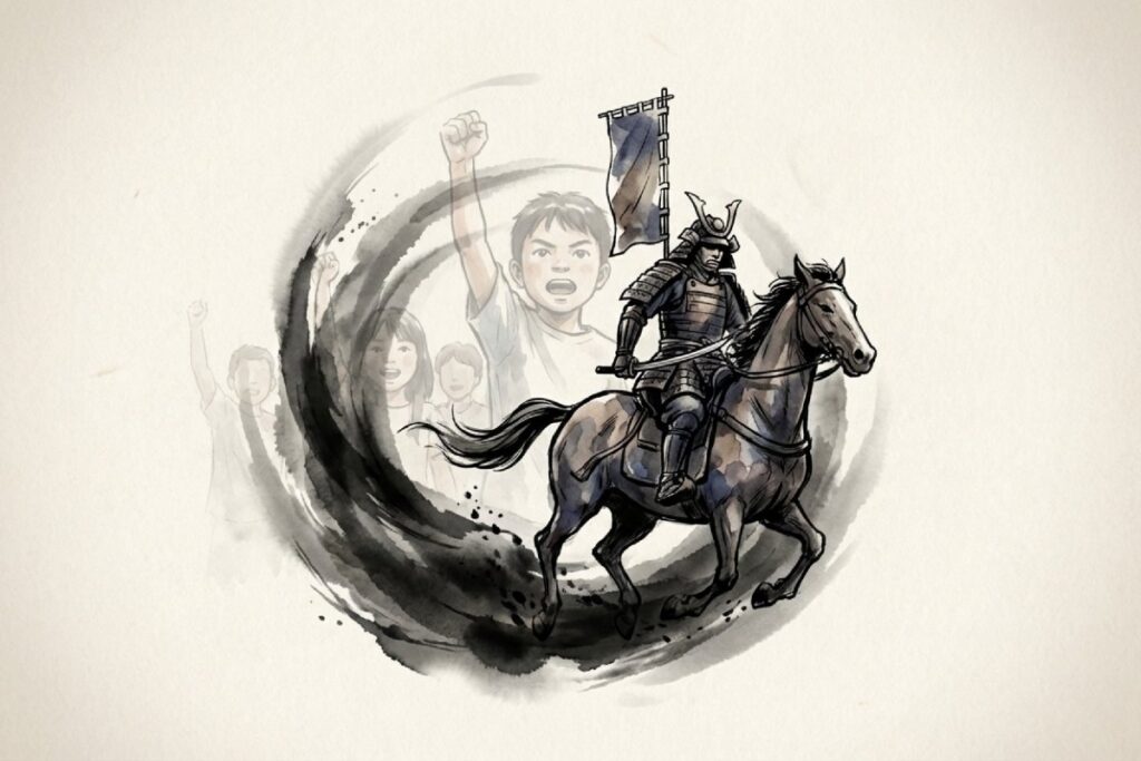 墨の渦の中に馬上の武者が描かれ、背景に拳を上げる人影が淡く重なる。えいえいおーの意味と歴史を振り返るまとめとして、戦国から現代へ続く印象を一枚に収めた対比図全体。