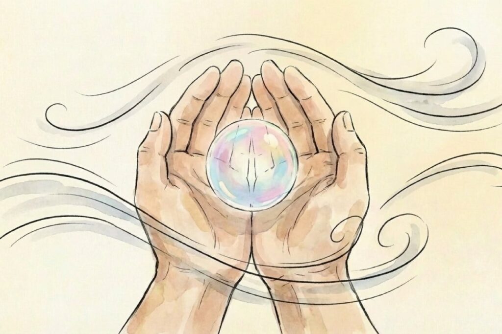 風からシャボン玉を守ろうとする手。「風風吹くな」に込められた親の祈り