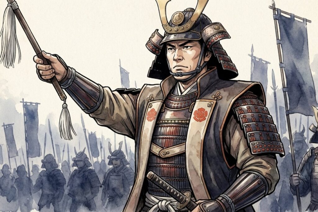 甲冑の武将が采配を掲げて前方を指し、背後に旗を持つ兵の列が霞んで続く。意外と知らないえいえいおーの意味と語源を、戦国の統率や掛け声の背景として補足できる構図全体。