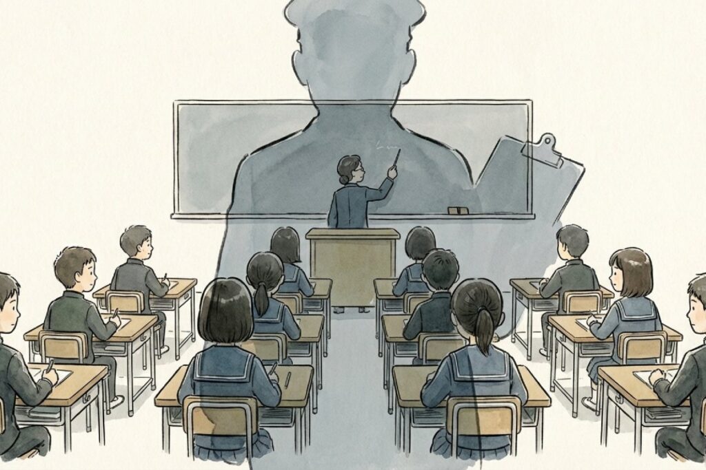 授業中の教室全体に大きな人影が覆いかかり、教員と生徒が緊張感に包まれている様子(教育現場への萎縮効果)
