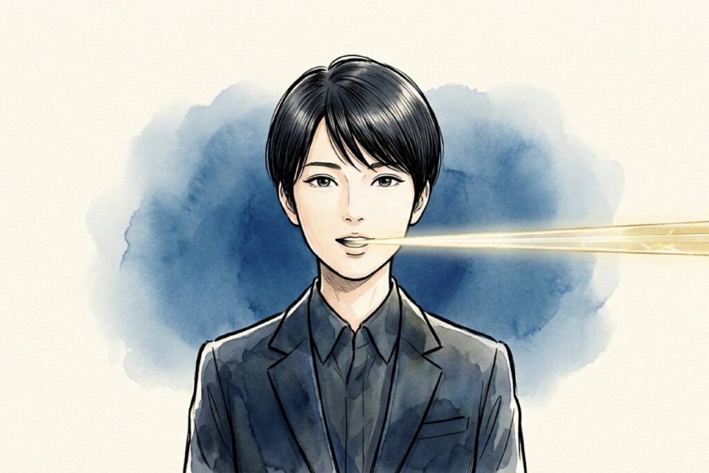 正しいブレスコントロールと発声技術でロングトーンを響かせる歌手の横顔