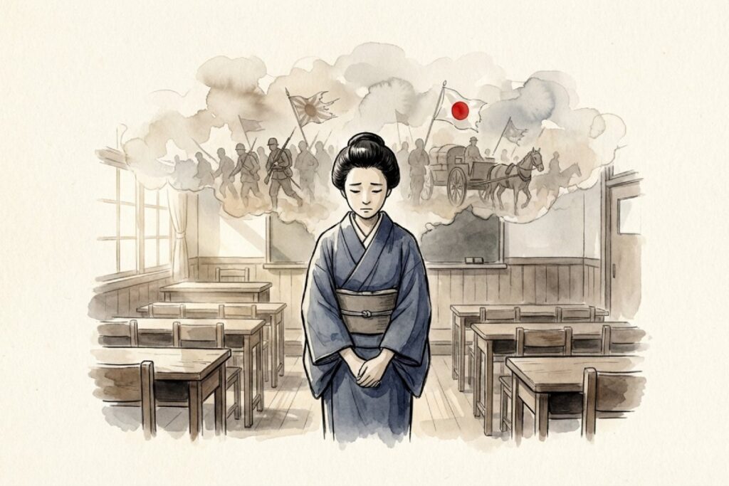 教室でうつむく女性教員と、その脳裏に浮かぶ戦時中の行軍や国旗のイメージ(思想・良心の葛藤の描写)