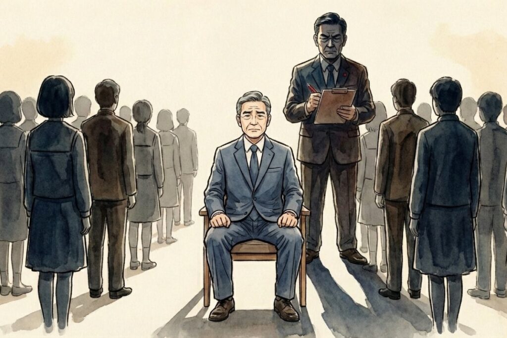 式典で着席している教員の背後に立ち、その状況をメモ板に記録する監視役の役人(現認行為の描写)