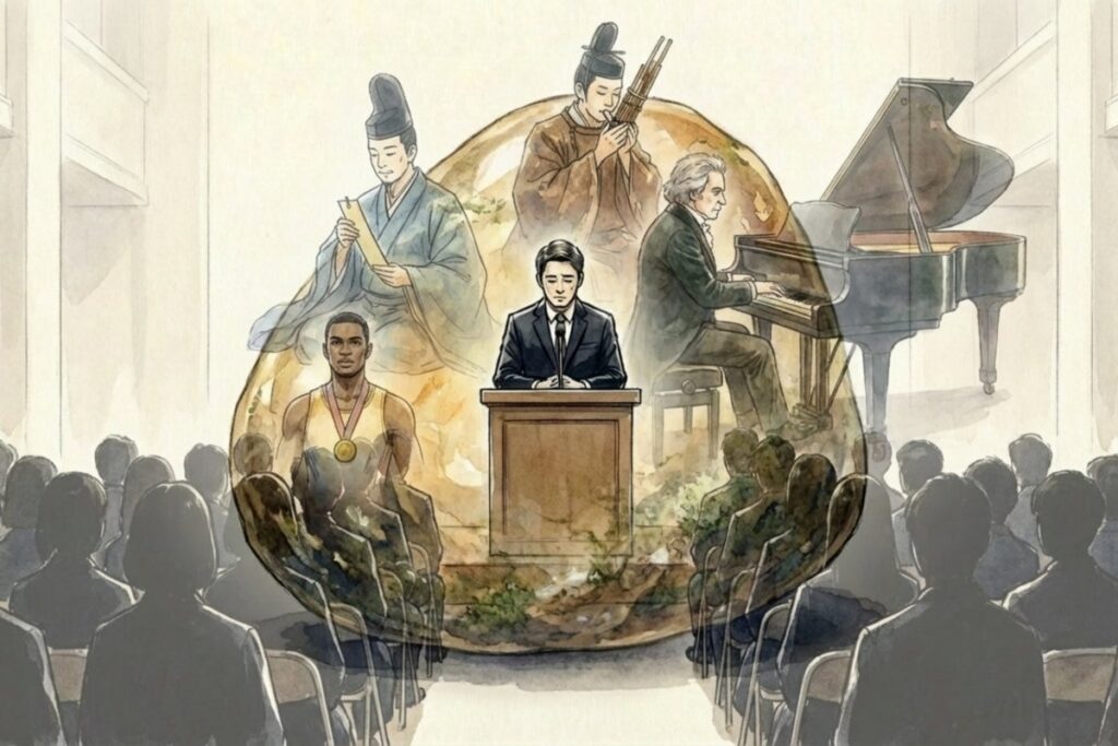 君が代の持つ歴史・音楽・スポーツ・社会性など多様な側面を表現したまとめのイラスト