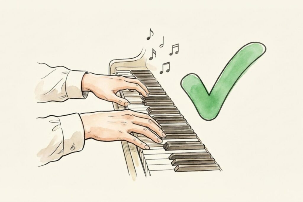 自分でピアノ演奏した「君が代」の音源は著作権侵害にならず自由に利用できることを示すイラスト