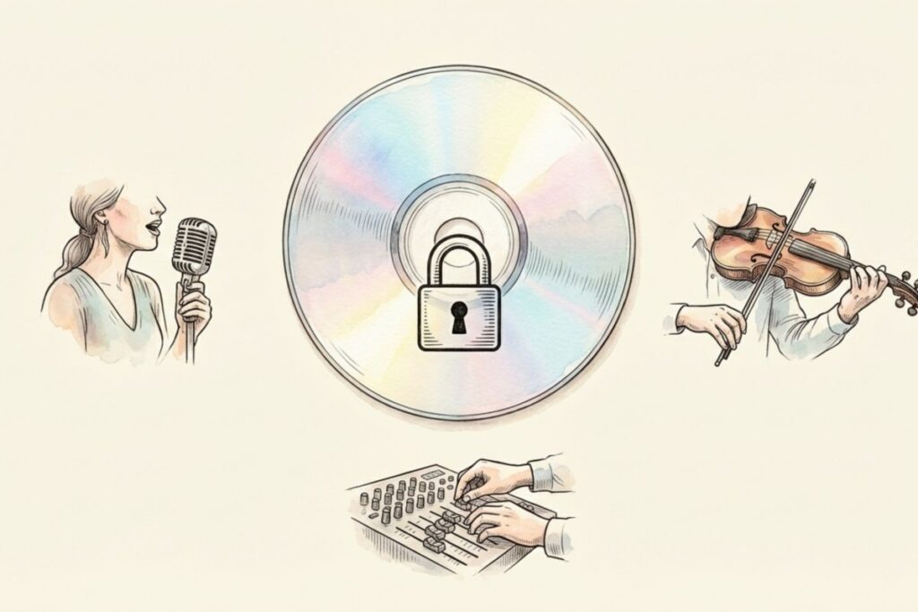 歌手や演奏家、レコーディングエンジニアなど音源に対して著作隣接権を持つ権利者のイラスト