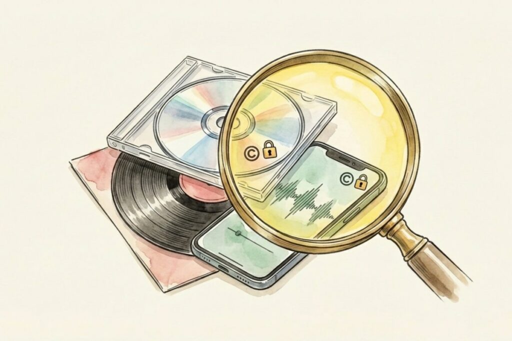 市販のCDや音楽配信のデジタル音源に付与されている著作隣接権と権利保護のイメージ