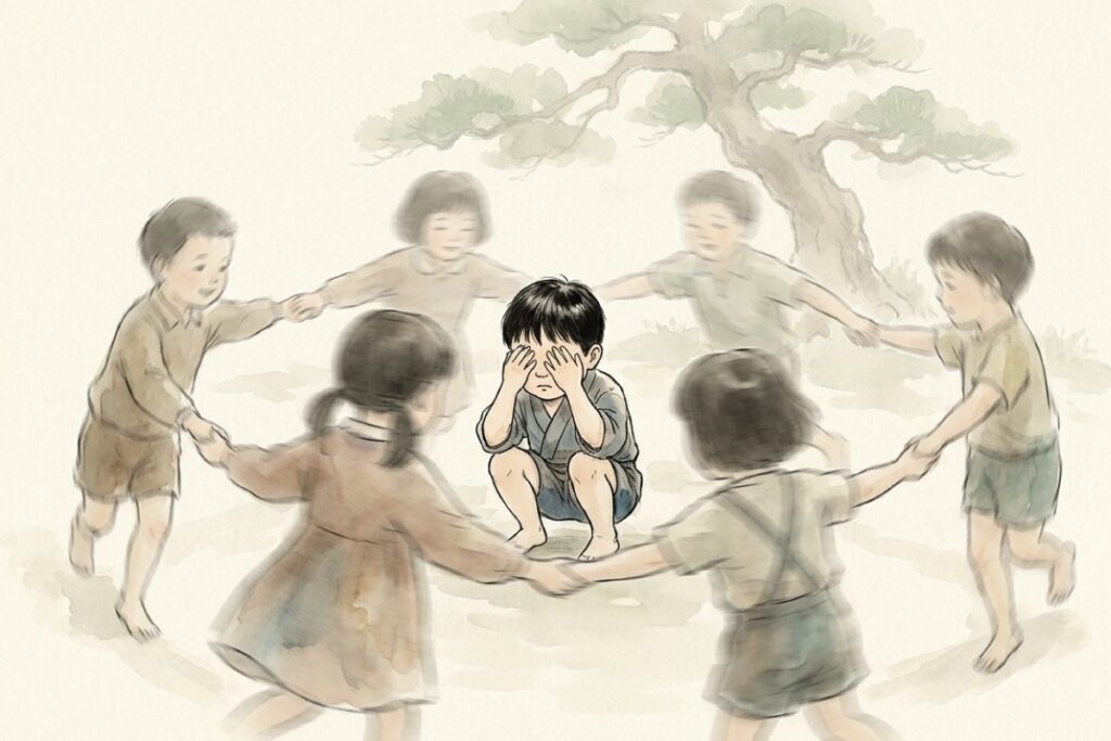 鬼を囲んで手をつなぎ回る子供たちの様子と守る動作のイメージ