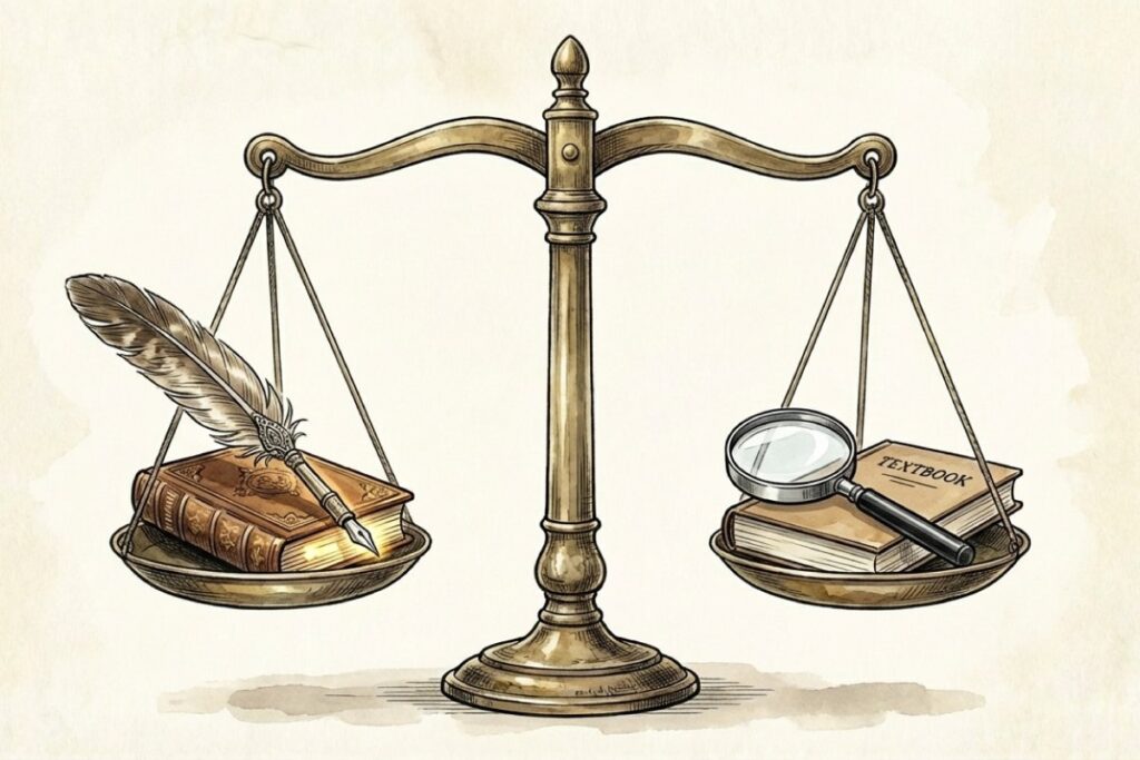 君が代の公式英訳の不在と法的解釈のバランスを示す天秤のイラスト