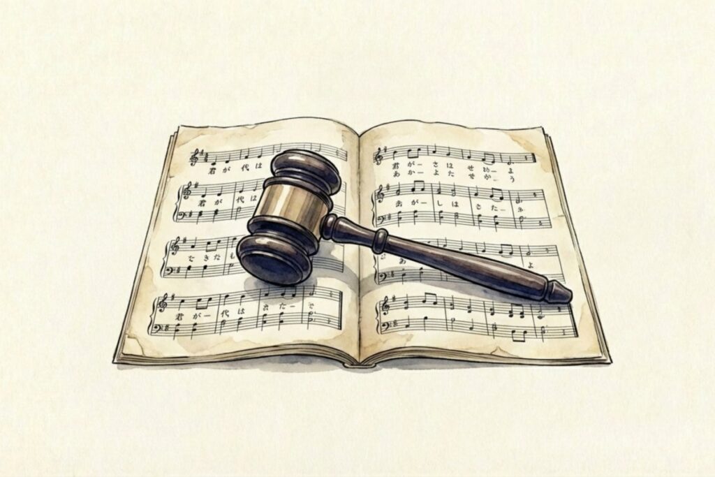 君が代の楽譜と法的な著作権・パブリックドメインに関するイメージ