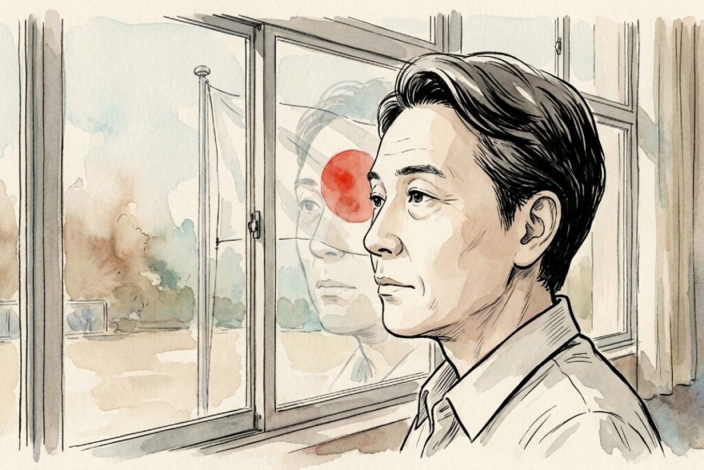 窓の外に掲揚された日の丸を静かに見つめる男性の横顔。自由と規律について思索するイメージ