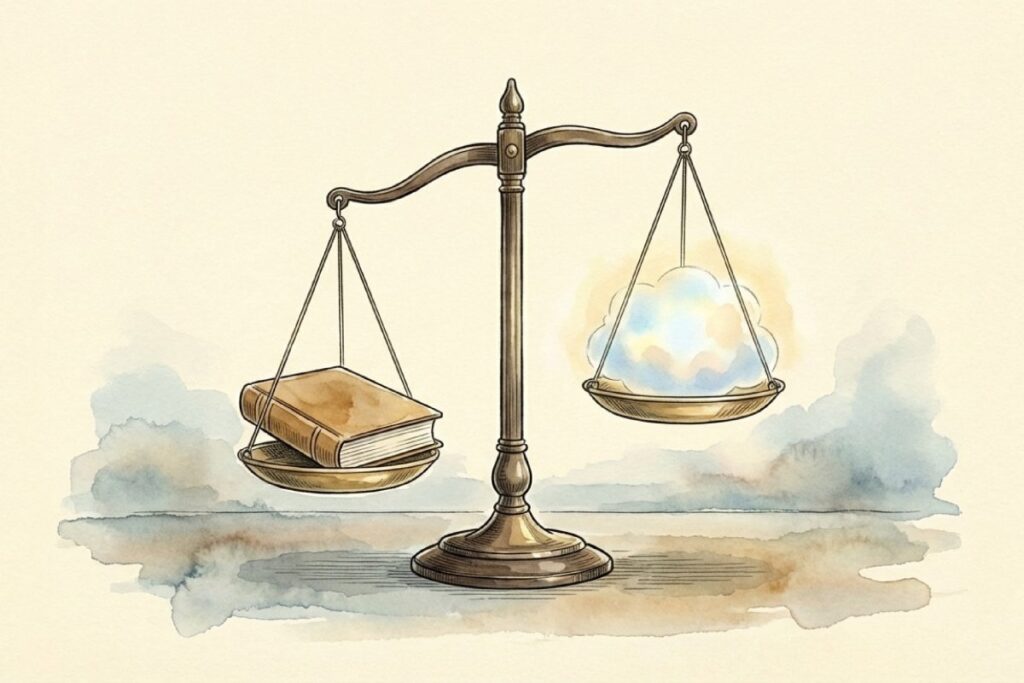 国歌斉唱をめぐる法的義務と個人の内心の自由のバランスを描いた天秤のイラスト