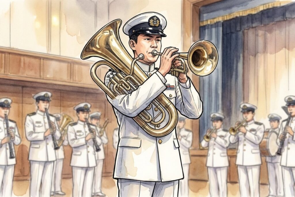 現代の自衛隊音楽隊によって演奏される君が代行進曲と金管楽器