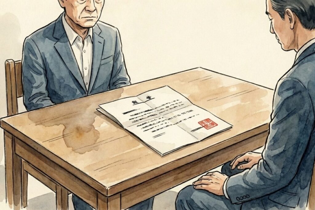 机を挟んで向かい合い、上司から警告書のような書面を手渡され、厳しい表情で受け取る男性教員