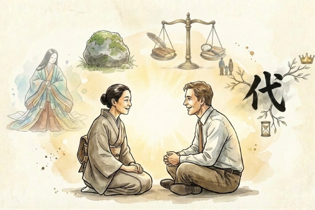 君が代の英訳を通して日本文化と異文化理解を深める日本人と欧米人のイラスト