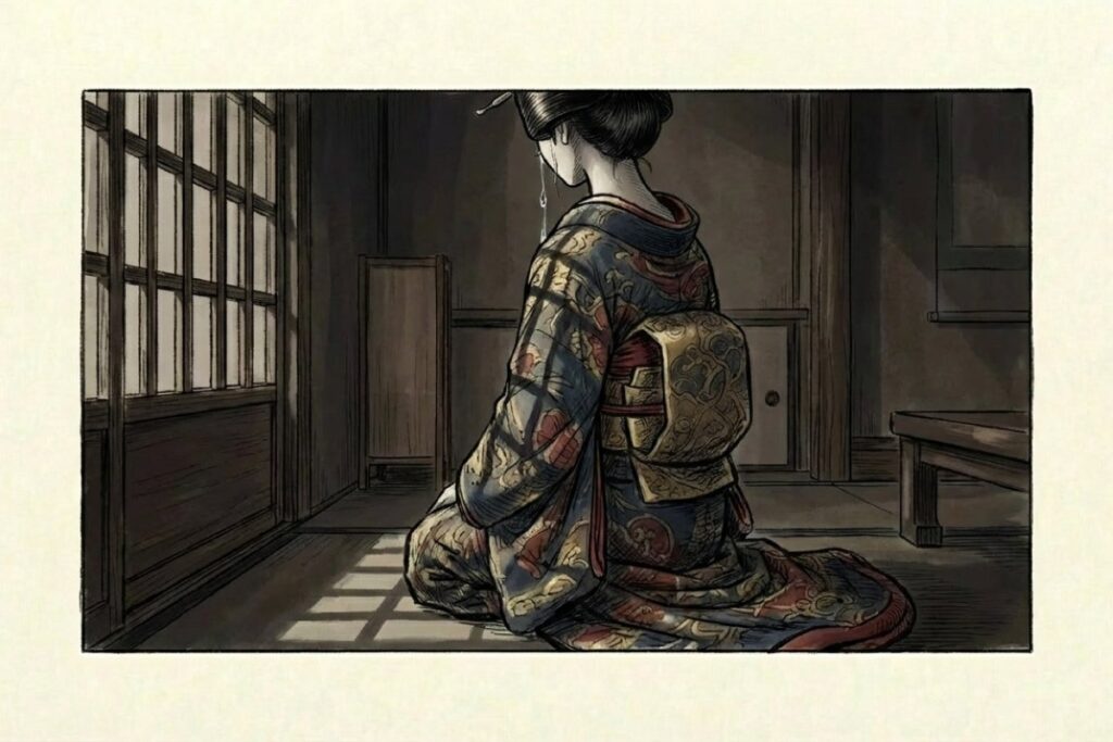 格子窓の前に座りうつむく着物姿の遊女の後ろ姿