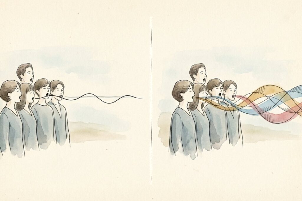 斉唱(ユニゾン)と合唱(ハーモニー)の違いを図解。全員が同じ旋律を歌う斉唱と、和音を作る合唱の波形比較