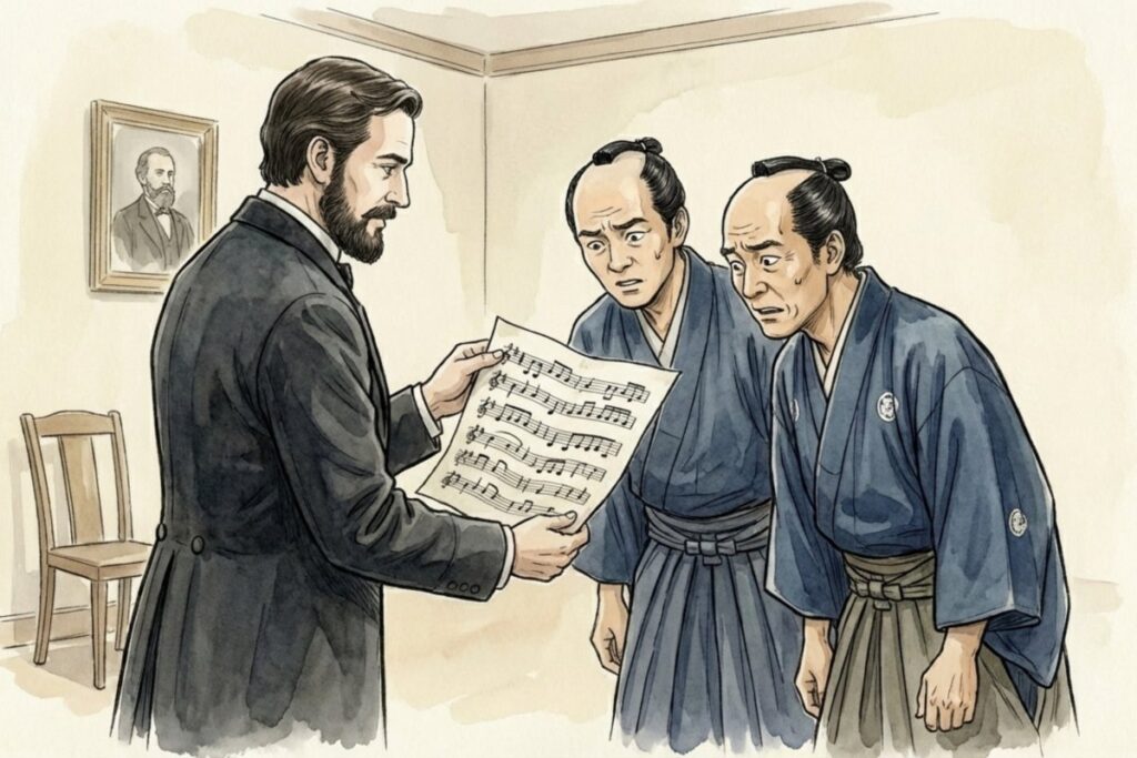明治初期の初代君が代 作曲者フェントンが日本人に譜面を見せる様子