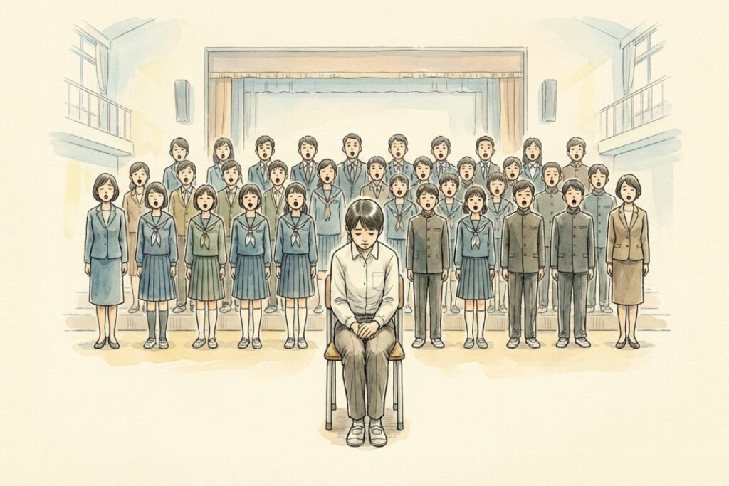 卒業式等の式典で国歌斉唱の際に起立せず着席し続ける人物のイラスト。思想・良心の自由や宗教的理由による拒否の描写