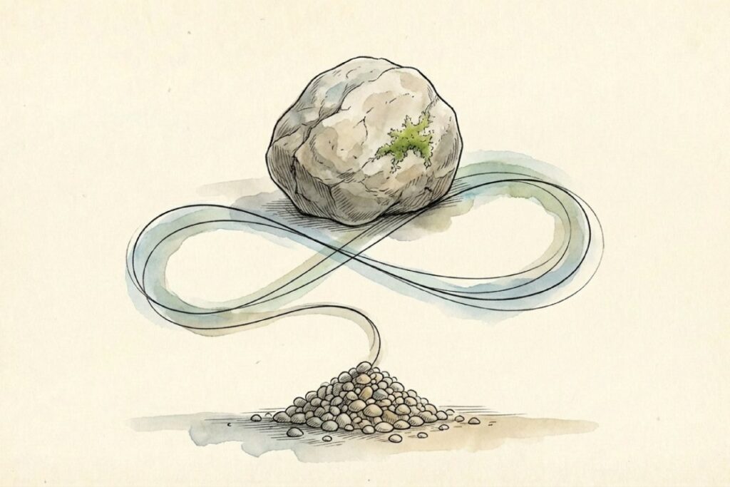 君が代の歌詞の意味。「さざれ石」が長い年月をかけて「巌(いわお)」となり苔がむすまでの成長と結束のメタファー