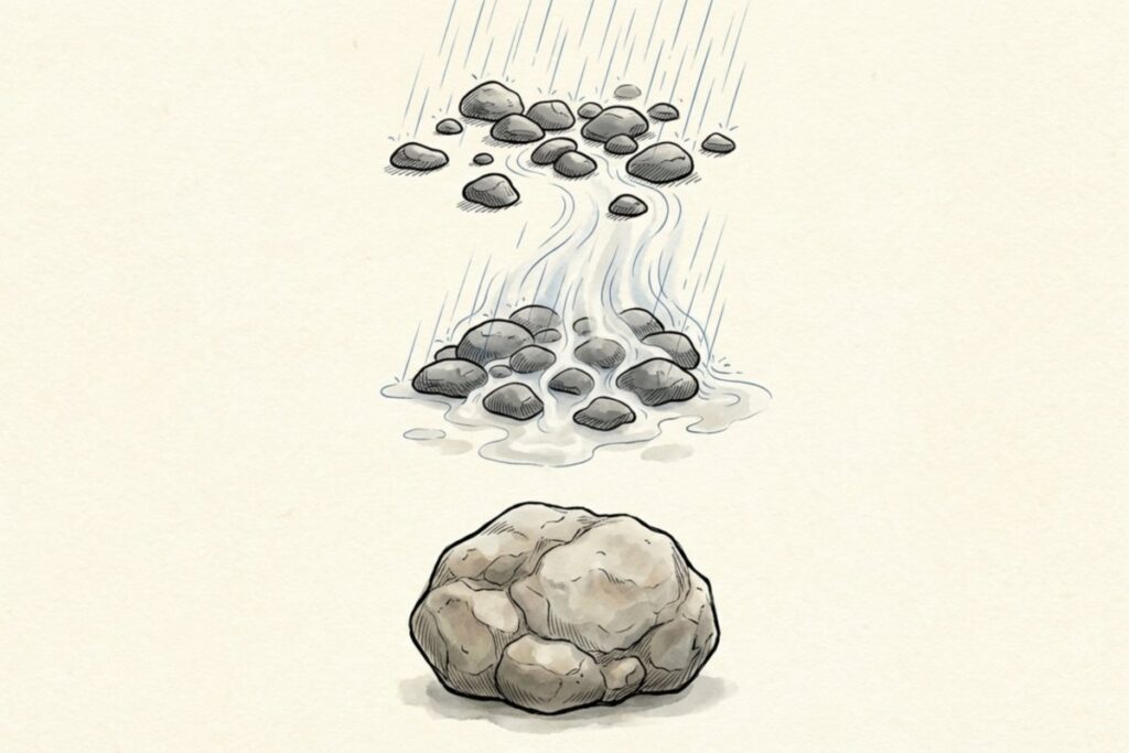 さざれ石(小石)が長い年月をかけて凝固し巨大な巌(いわお)へと成長した地質学的イメージ