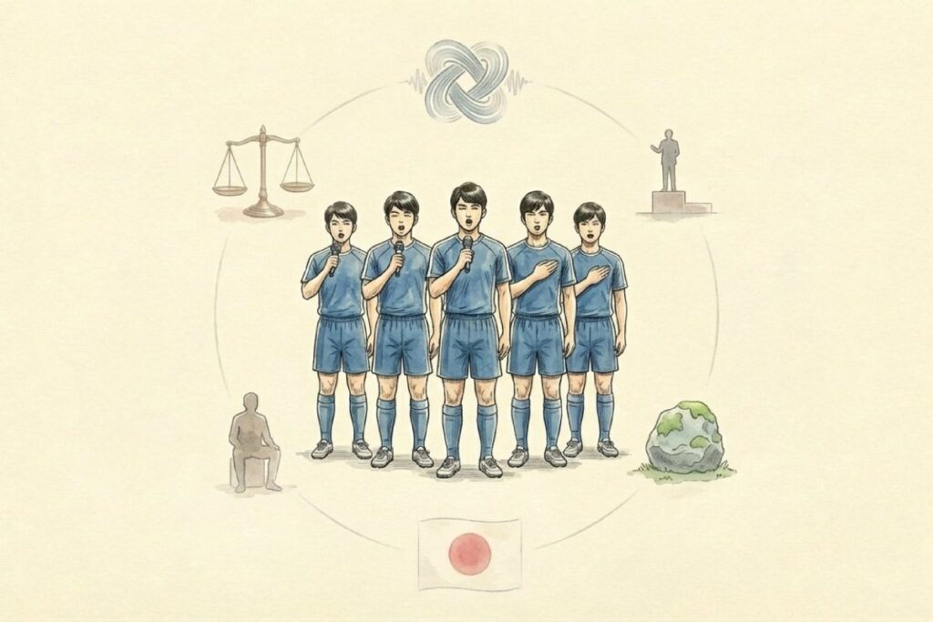 国歌斉唱を取り巻く要素のまとめ。音楽的な一体感、法的側面、社会的な儀礼を統合したイメージ図