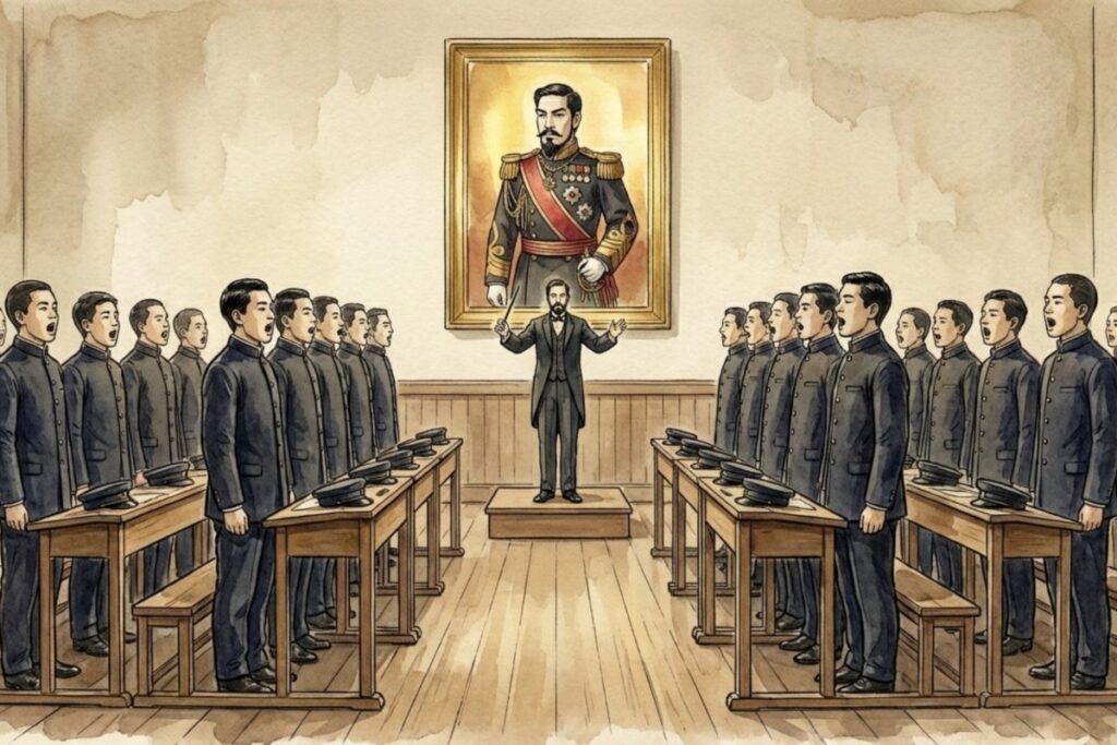 戦前の学校教育 肖像画の前で整列し君が代を斉唱する学生たち