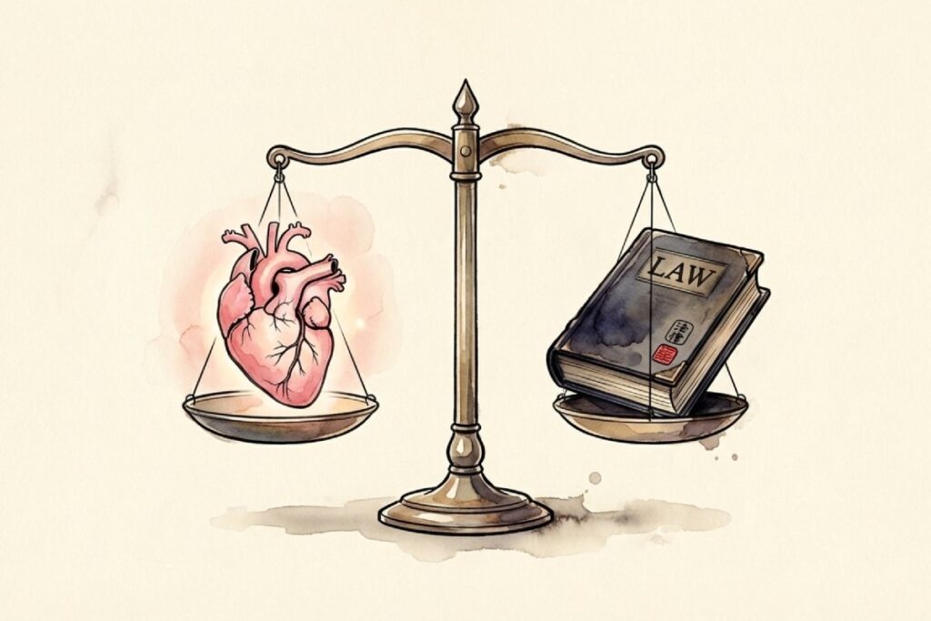 天秤の左右に置かれた「心臓(良心)」と「法律書(職務命令)」が対峙している様子を描いたイラスト