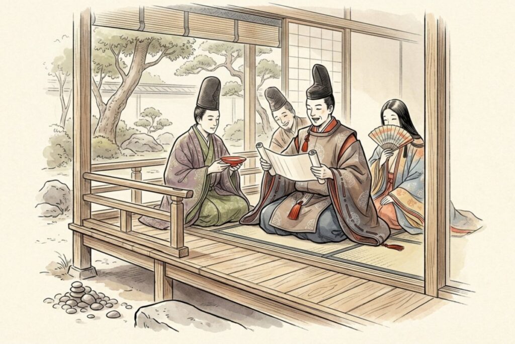 平安貴族たちが宴席で古今和歌集などの和歌集を広げ読み上げている様子