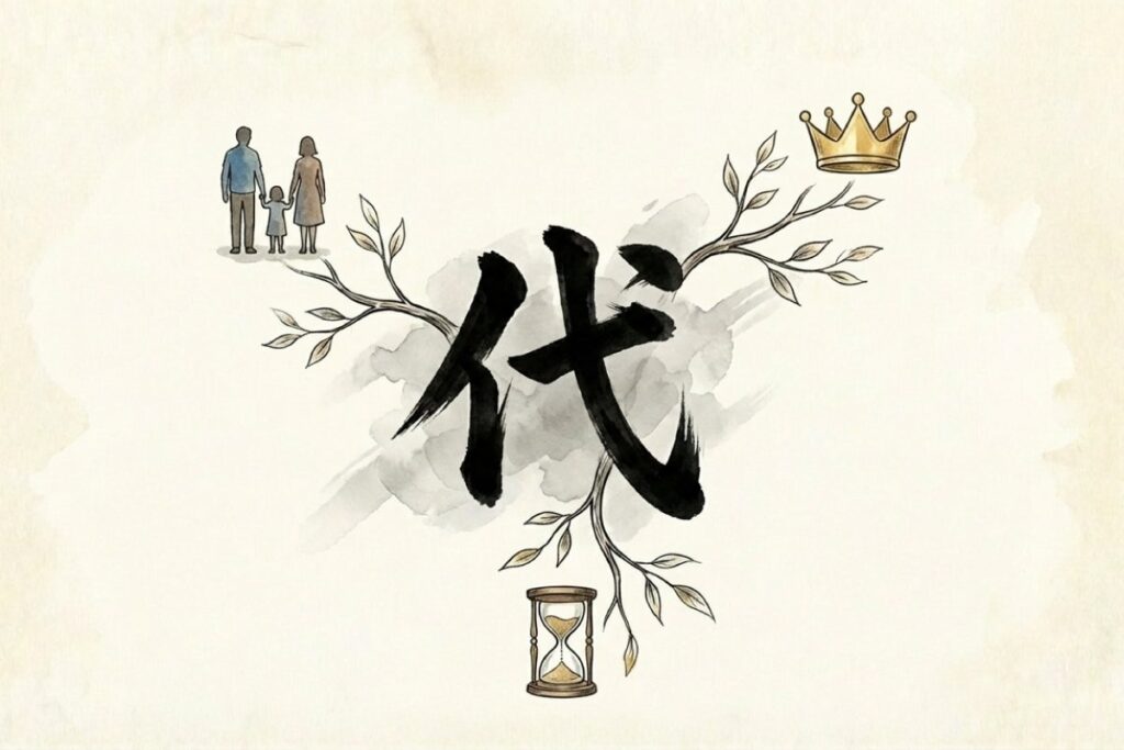 君が代の「代」という漢字が持つ多義性（世代・時代・治世）を表した概念図