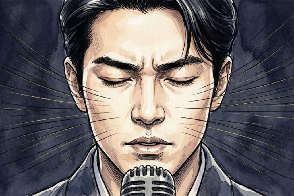 国歌斉唱の大舞台でプレッシャーを感じ緊張する男性歌手の表情