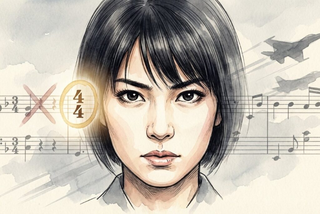 国歌斉唱における3拍子から4拍子へのリズム変更と歌唱アレンジのイメージ図