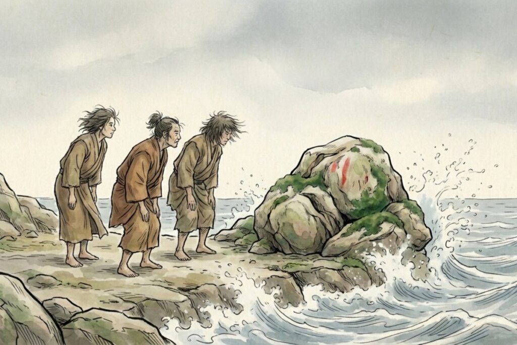 福岡県志賀島の海岸にある岩と安曇族による山誉め祭の起源伝承イメージ