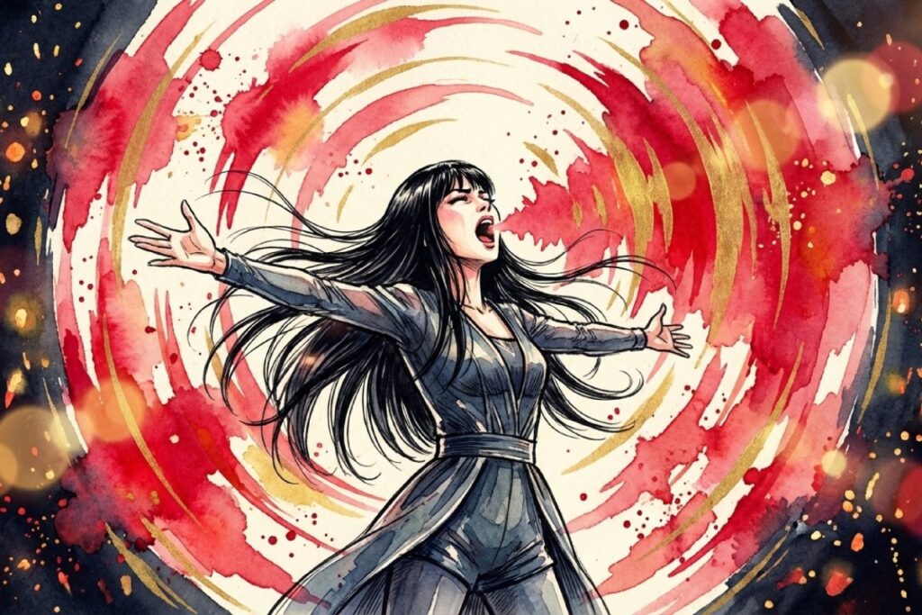 圧倒的な声量と表現力で国歌を歌い上げる女性シンガーのイラスト