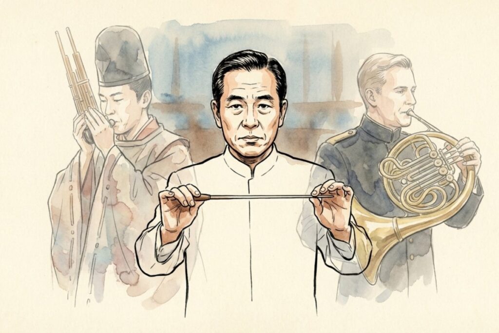 雅楽の君が代と西洋の吹奏楽を融合させた君が代行進曲の構成イメージ