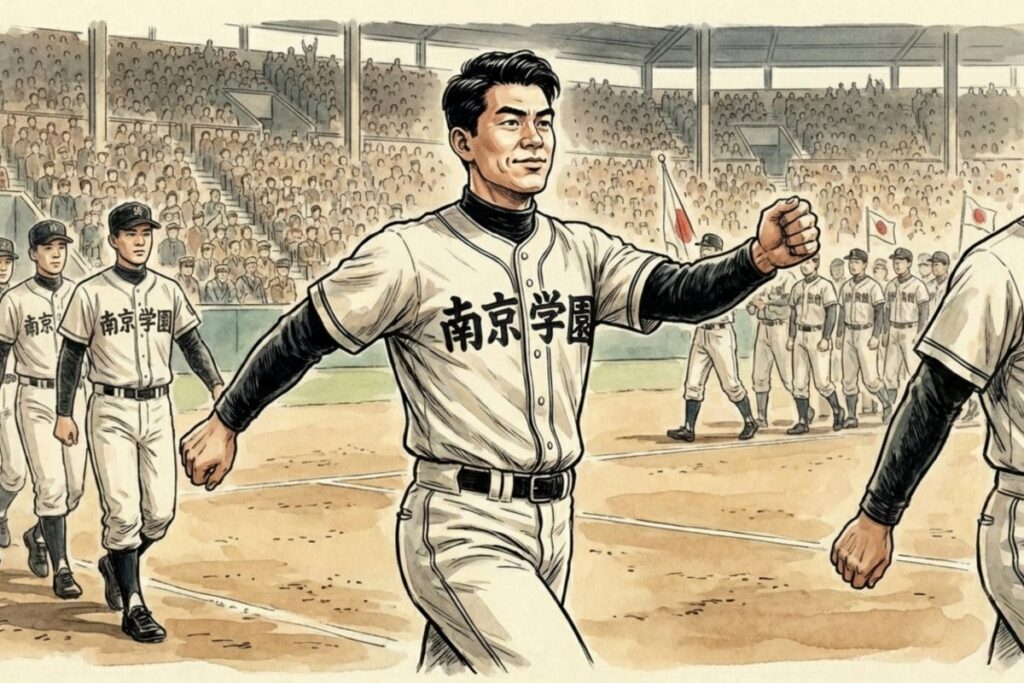 昭和27年のセンバツ高校野球開会式で君が代行進曲が入場行進曲として使われた様子